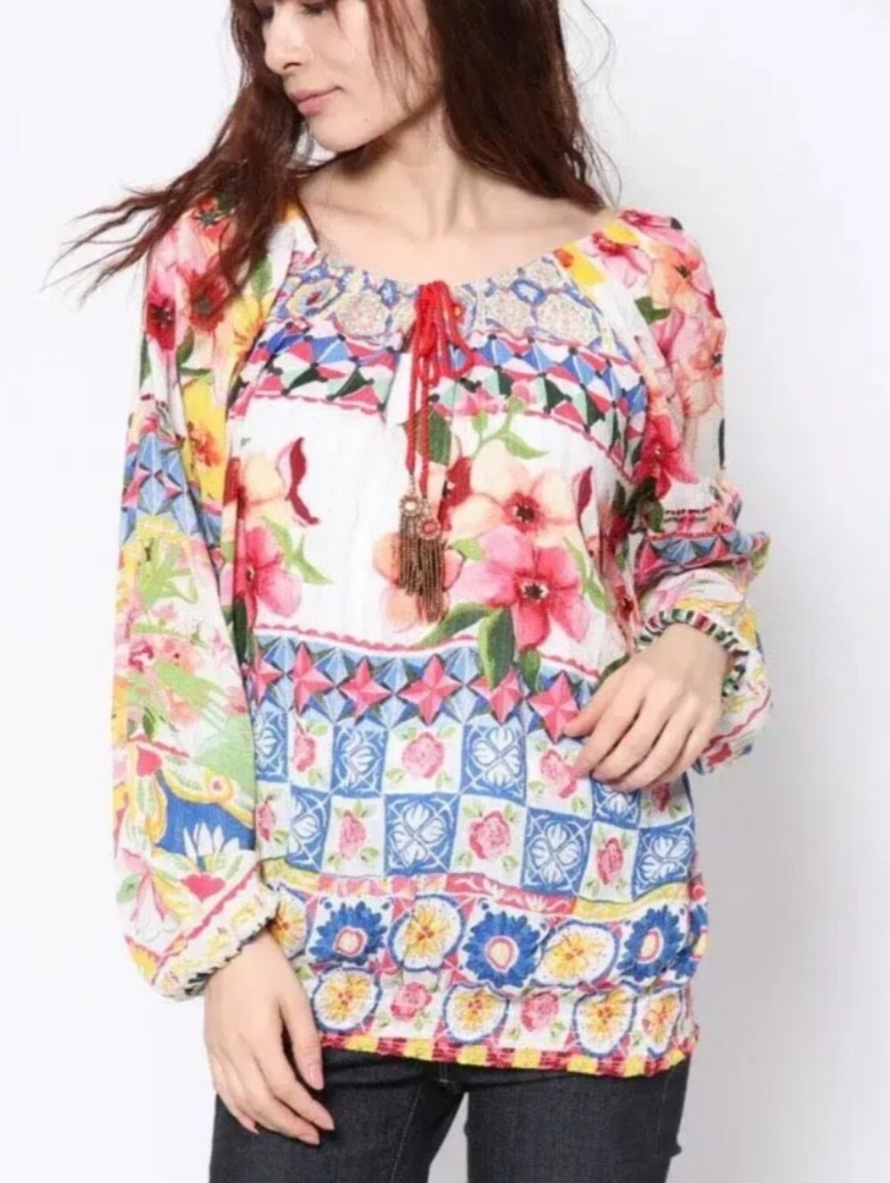 Desigual Boho Babe Top Multicolor Floral Boho Peasant Blouse Small